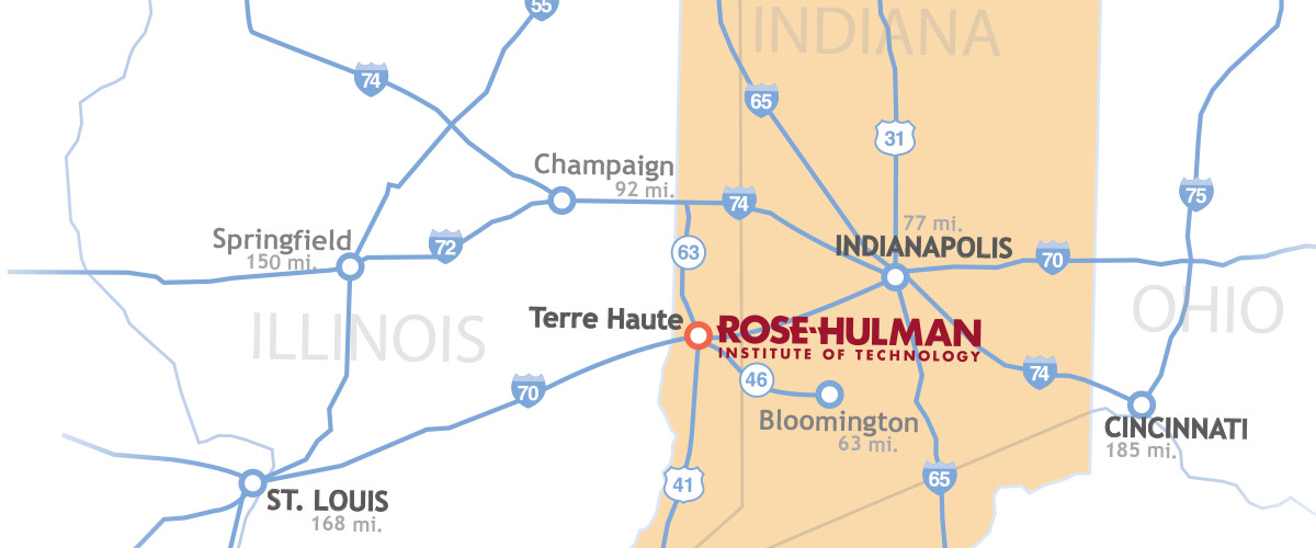 Image is map of Indiana, Illinois and Ohio with Indiana highlighted in beige with a red circle around Terre Haute and the 山Ƶ logo printed at the school’s location.